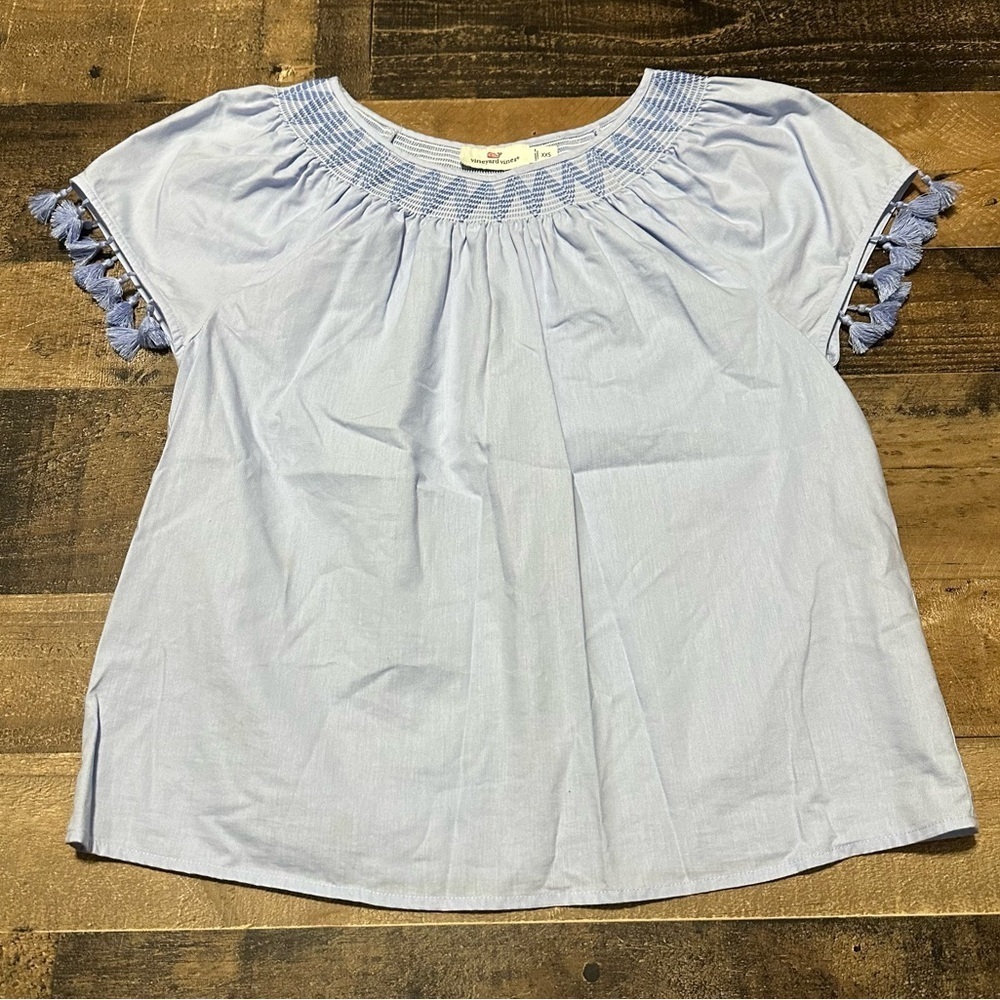Vineyard Vines Smocked Tassel Short Sleeve Blouse - Picture 2 of 7